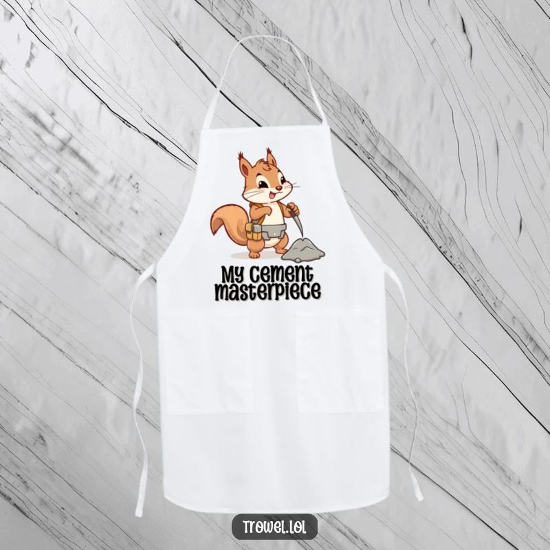 Funny squirrel apron, energetic character mixing cement, tool belt, humorous kitchen or workshop gift.