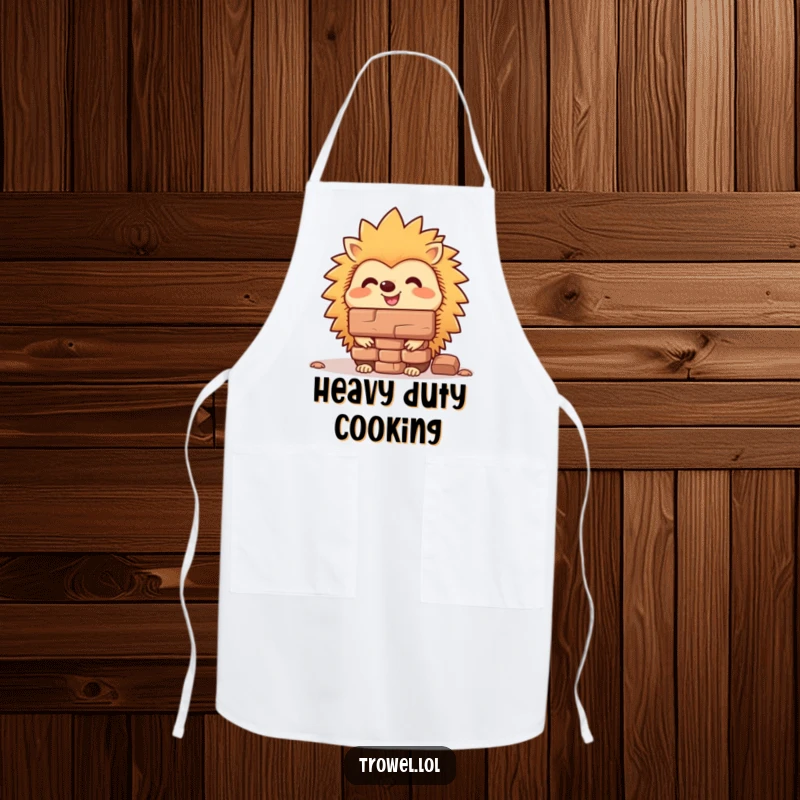 Funny hedgehog apron depicting a cheerful character skillfully balancing a brick on its nose while cooking, adding humor to the kitchen.