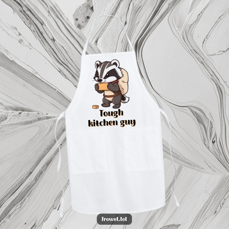 Funny badger apron depicting a strong character carrying a large bag of bricks, ideal for protecting clothes and adding humor to cooking.