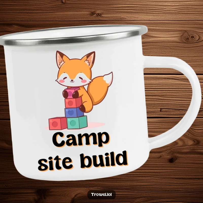 Funny fox camping mug showing a playful character stacking colorful blocks, perfect for enjoying beverages during outdoor activities.