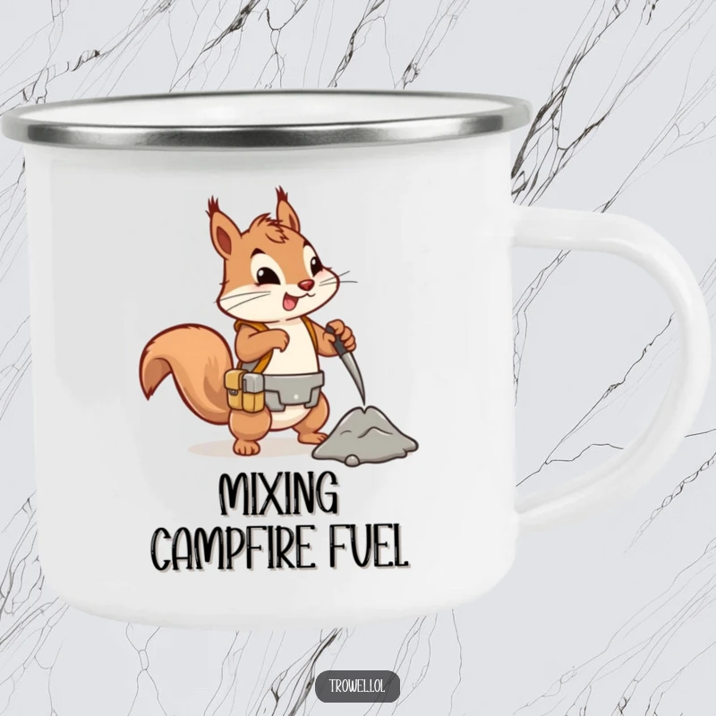 Funny squirrel camping mug, energetic worker mixing cement, tool belt, outdoor adventure, construction humor, rugged gift.