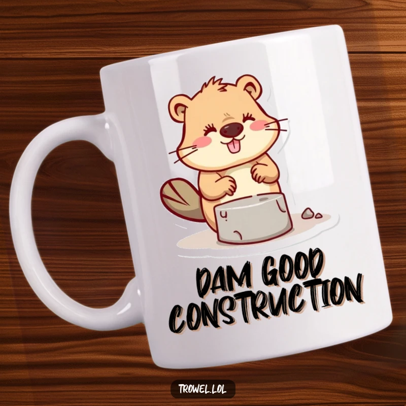 Funny Beaver Mug featuring a busy character expertly trowelling mortar, symbolizing industriousness.