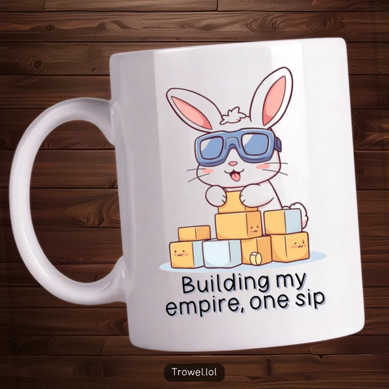 Funny mug featuring a determined bunny in goggles, expertly stacking small building blocks with intense focus and a hint of playful chaos.