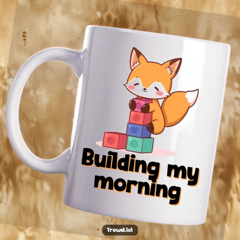 Funny fox mug featuring a playful character skillfully stacking small colorful blocks, radiating concentration and fun.