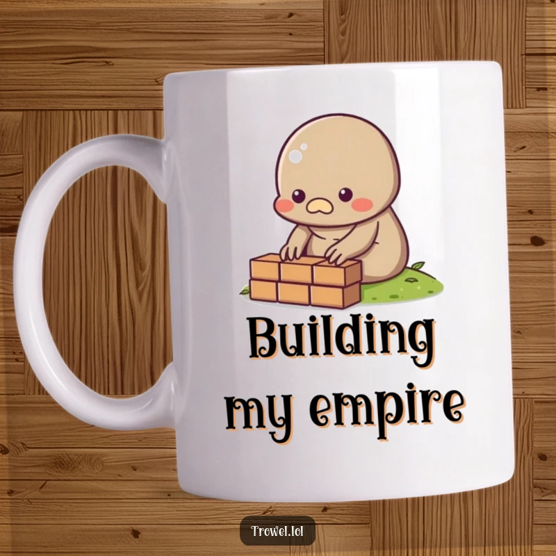 Funny Mole Mug featuring a determined character laying a single brick, symbolizing small but significant progress.