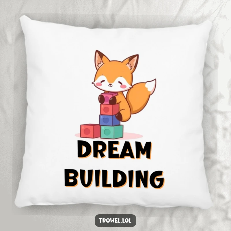 Funny fox pillow featuring a playful character stacking colorful blocks, designed for comfort and adding a whimsical touch.