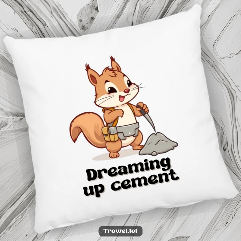 Funny squirrel pillow, energetic character mixing cement, tool belt, soft cushion, construction comfort gift.