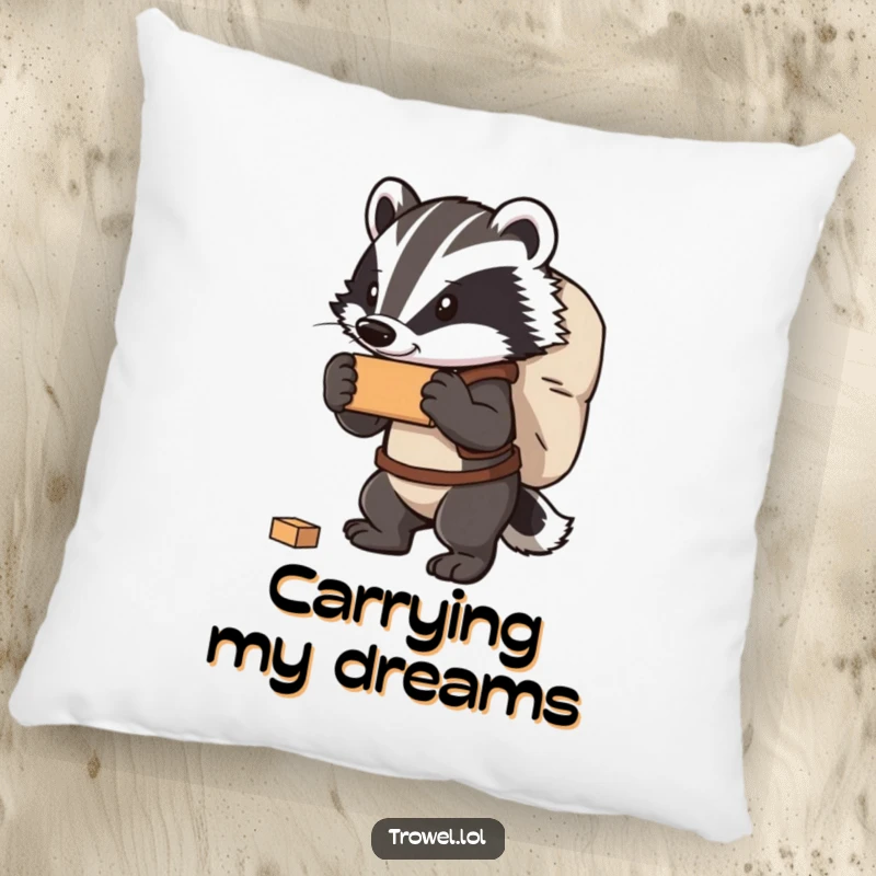 Funny badger pillow showing a strong character carrying a large bag of bricks, providing comfort and a humorous display of strength.