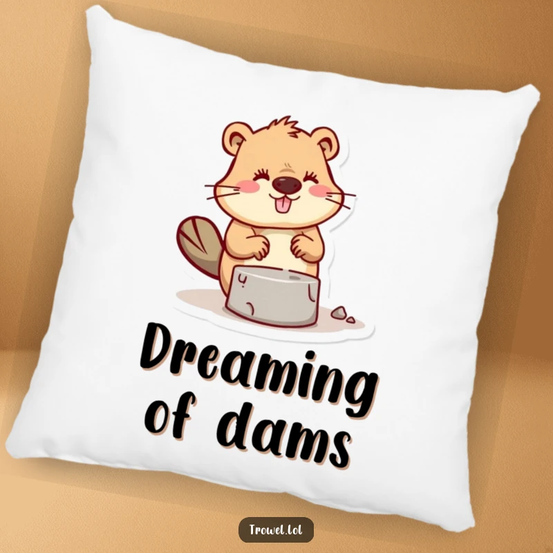 Funny Beaver Pillow featuring a character trowelling mortar, a symbol of hard work and comfort.