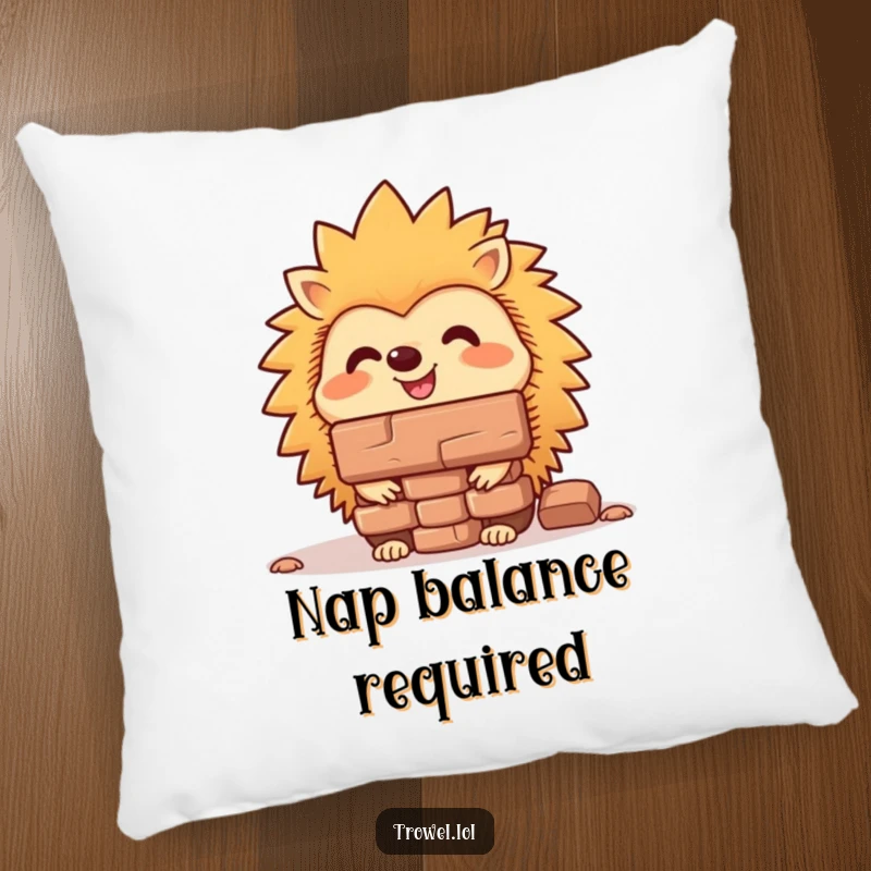 Funny hedgehog pillow showcasing a cheerful character with perfect balance, a brick resting on its nose for maximum comedic effect.