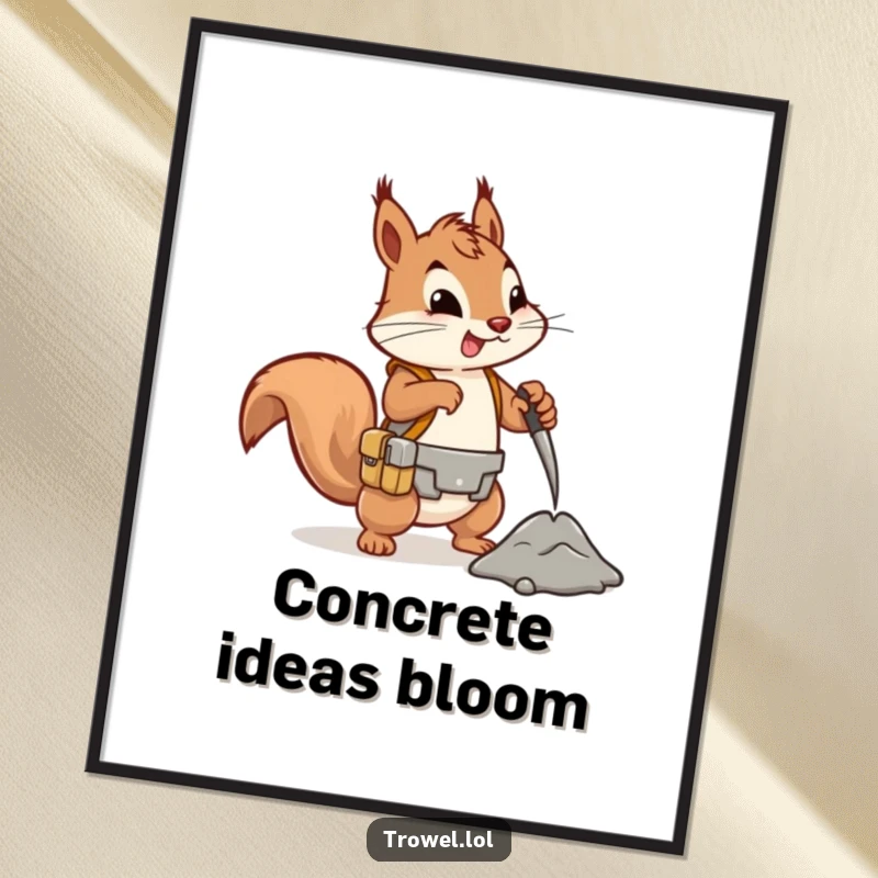 Funny squirrel digital art print, energetic character mixing cement, tool belt, instant download decor, construction theme.