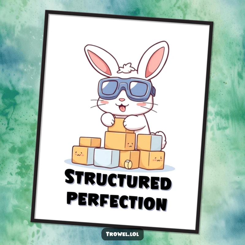 Funny digital art print: A bunny wearing goggles, enthusiastically stacking small blocks, capturing a moment of focused, humorous construction.