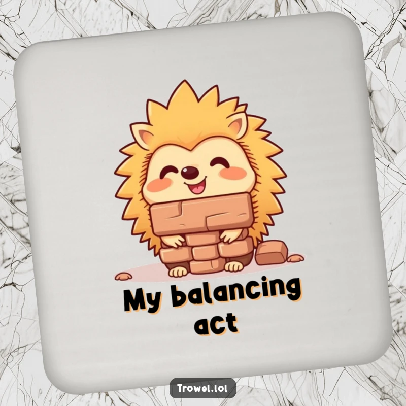 Funny hedgehog drink coaster showing a determined character balancing a brick on its nose, a humorous addition to any table setting.