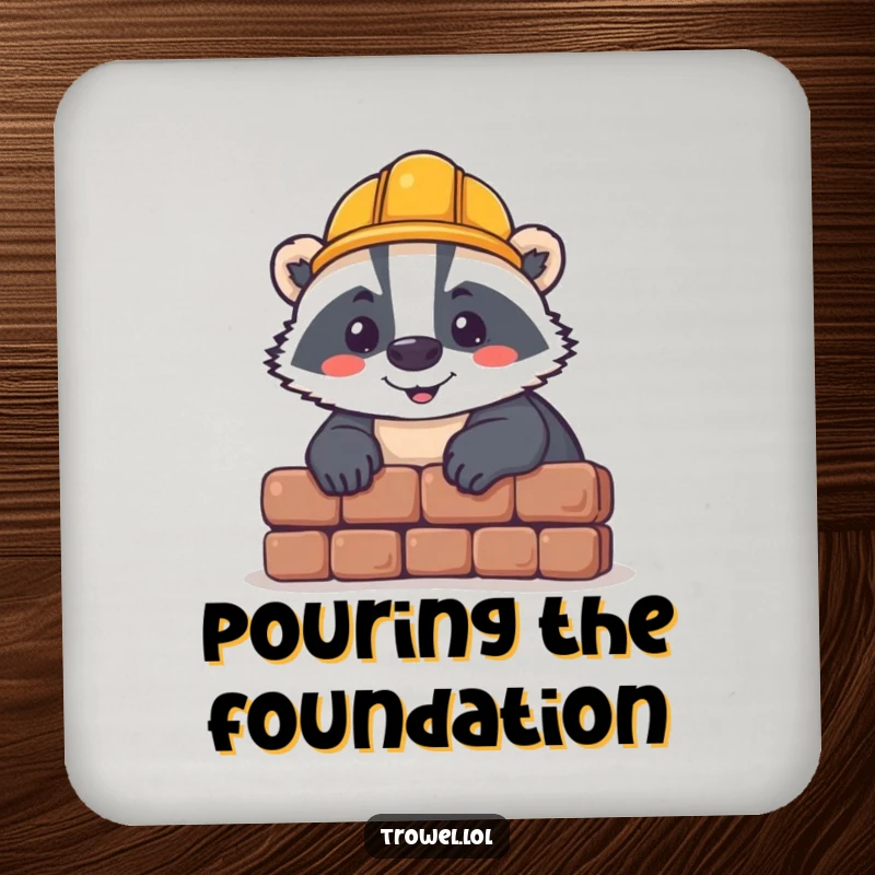 Funny badger coaster, cheerful character laying brick, hard hat, protecting furniture, small humorous accessory gift.