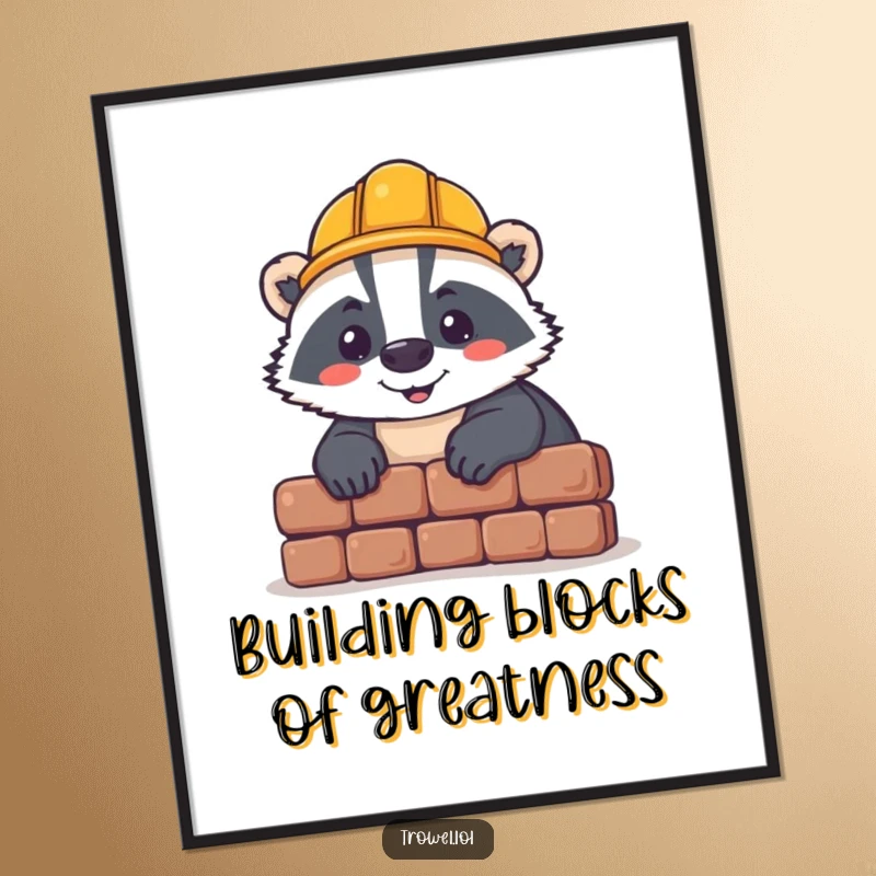 Funny Free Printable Wall Art: Cheerful badger wearing a tiny hard hat, laying a brick, building whimsical and humorous environments.