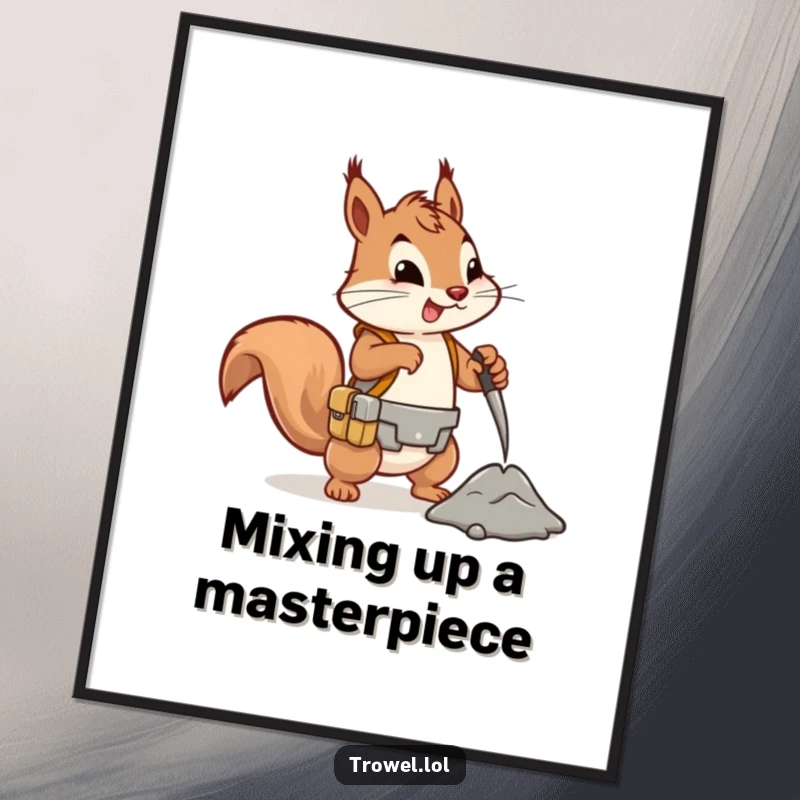 Funny Free Printable Wall Art: Energetic squirrel in a tool belt, eagerly mixing cement, ready to construct innovative and humorous designs.