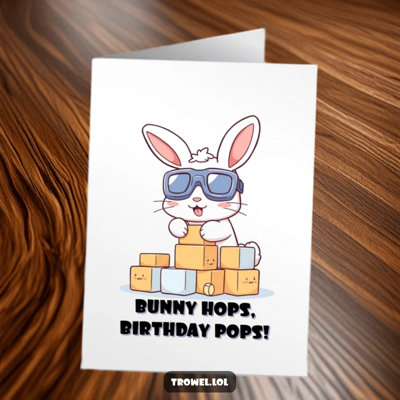 Funny Free Printable Birthday Card: Bunny in goggles intently stacking tiny colorful blocks, ready for celebration.
