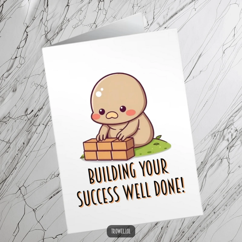 Funny Free Printable Congratulations Card: Small, determined mole character laying a single brick, representing a foundational success.