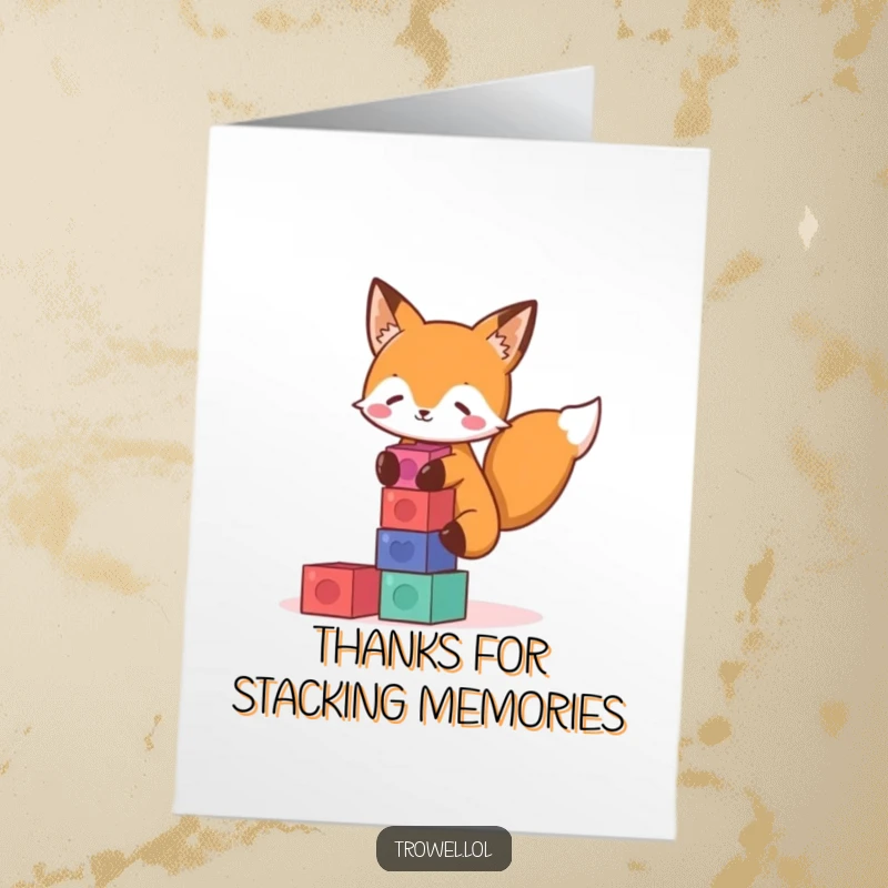 Funny free printable thank you card featuring a playful fox intently stacking small, vibrant blocks, a symbol of thoughtful effort.