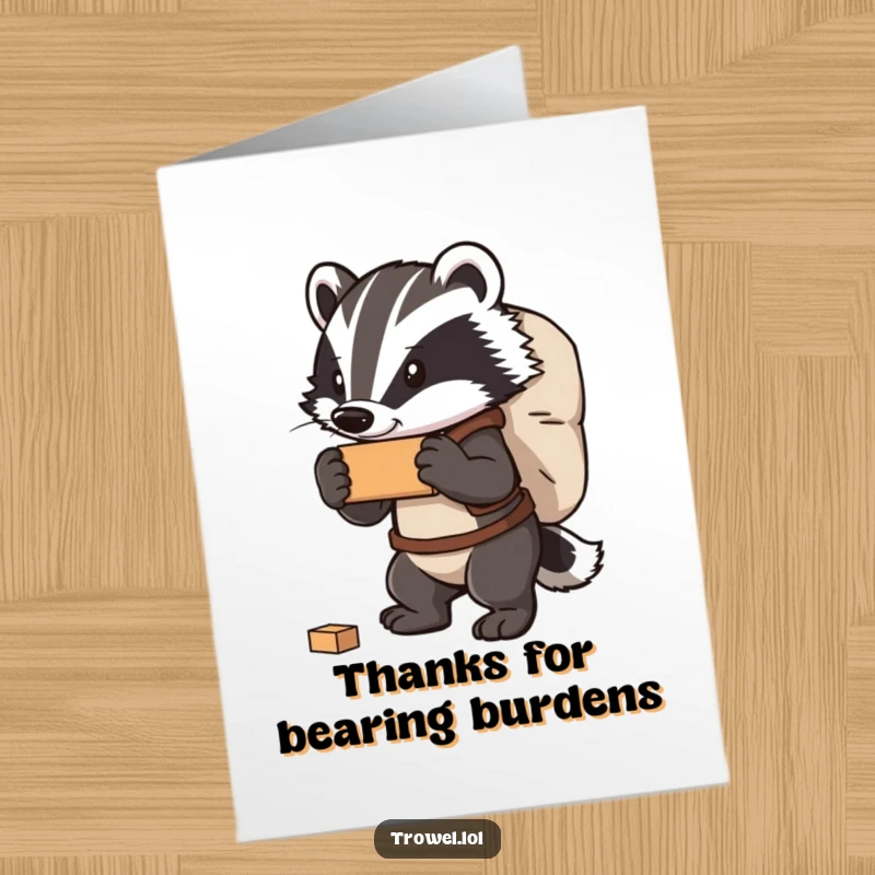 Funny free printable thank you card of a sturdy badger character shouldering a big bag full of bricks, a symbol of deep thanks.