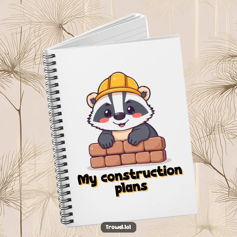 Funny badger notebook, cheerful character laying a brick, hard hat, project planner, DIY journal gift.