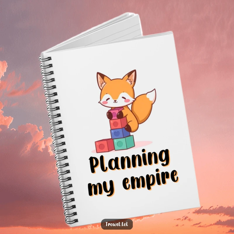 Funny fox notebook featuring a playful character stacking colorful blocks, ideal for jotting down creative thoughts and playful doodles.
