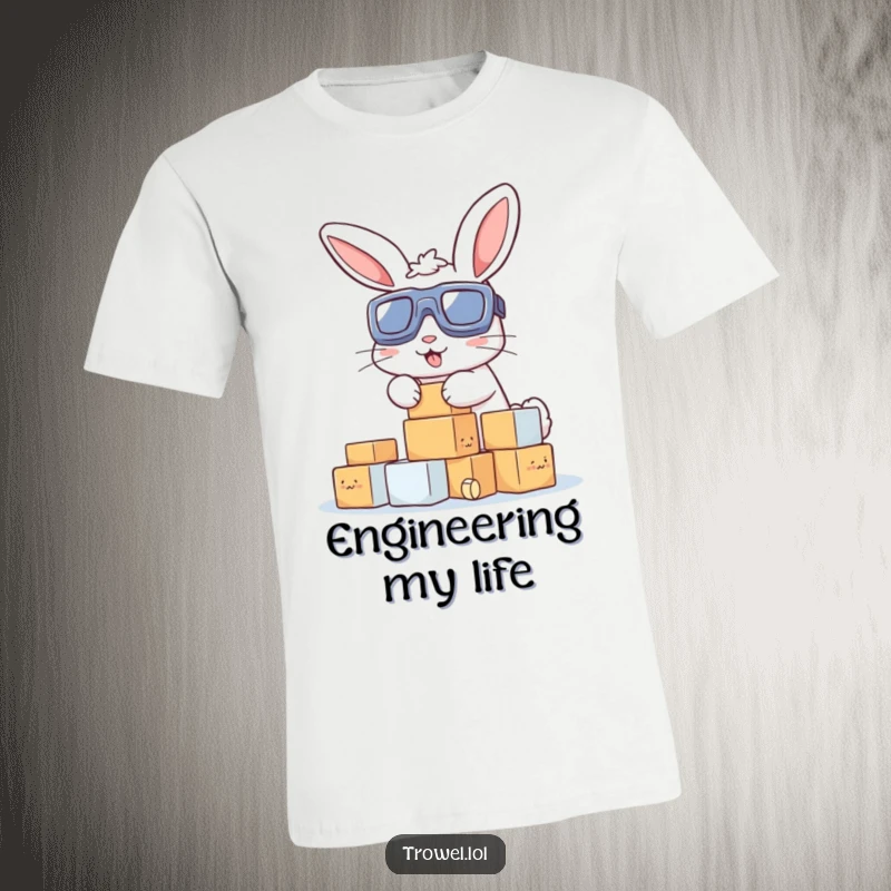 Funny t-shirt: A cute bunny wearing goggles, intensely focused on stacking miniature building blocks, celebrating DIY and construction humor.