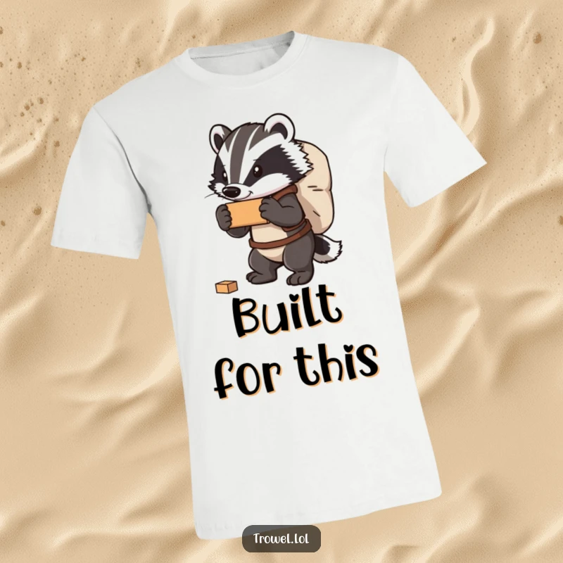 Funny badger t-shirt featuring a strong character carrying a large bag filled with bricks, symbolizing effort and a touch of humor.