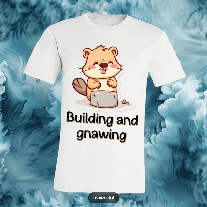 Funny Beaver T-Shirt depicting a busy character skillfully trowelling mortar, symbolizing creativity and hard work.