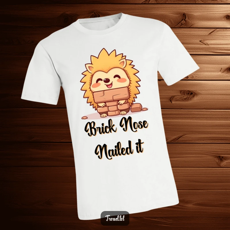 Funny hedgehog t-shirt featuring a cheerful character impressively balancing a brick on its nose, radiating determination and humor.