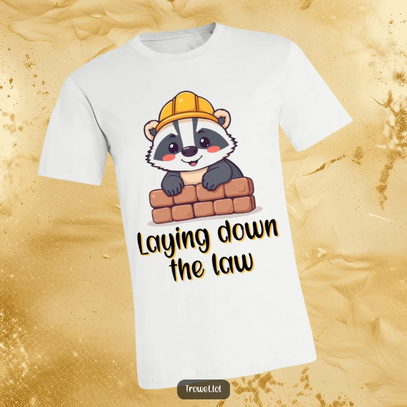Funny badger t-shirt, cheerful character in hard hat laying brick, construction worker humor, DIY project gift.
