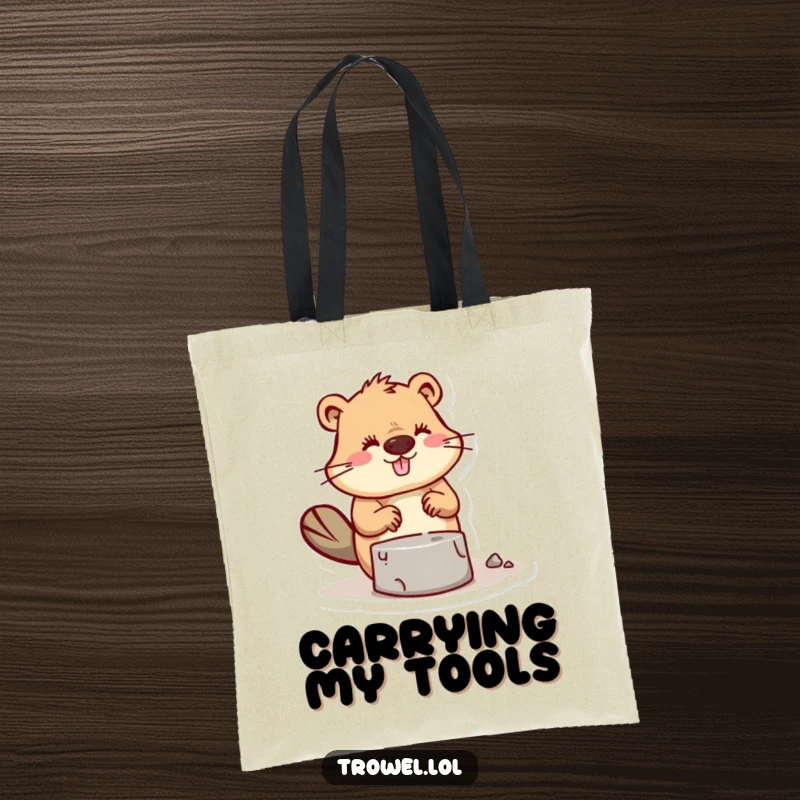 Funny Beaver Tote Bag featuring a character trowelling mortar, great for carrying supplies.