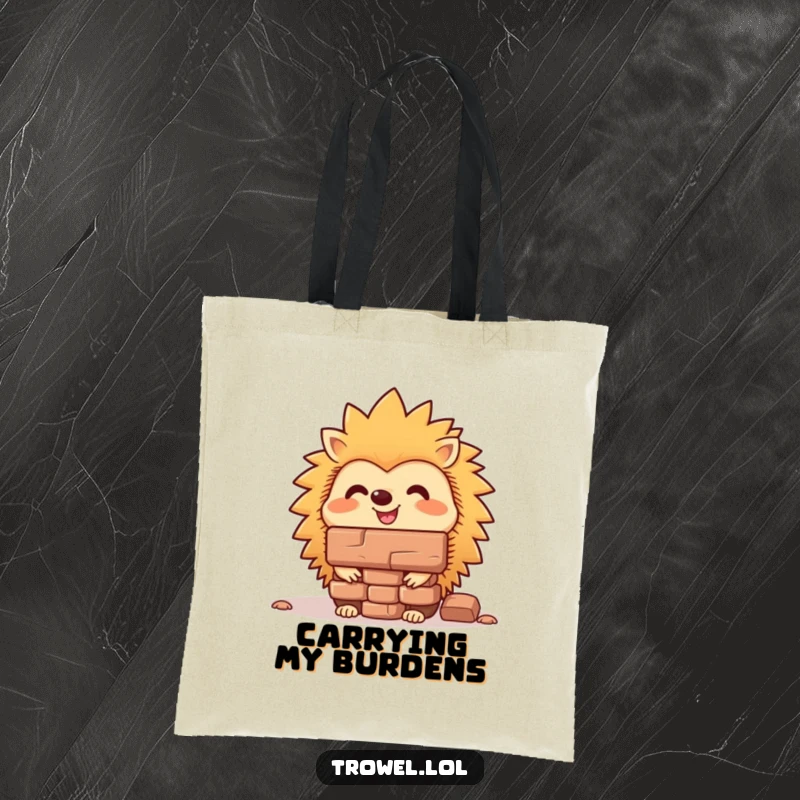 Funny hedgehog tote bag depicting a cheerful character masterfully balancing a brick on its nose, perfect for carrying goods and smiles.