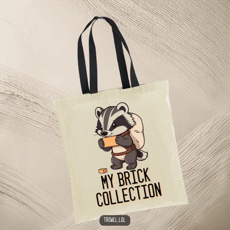 Funny badger tote bag featuring a strong character carrying a large bag of bricks, perfect for hauling goods and projecting strength.